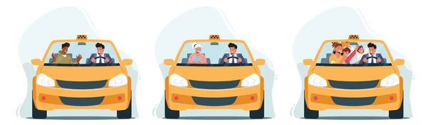 Σύνολο χαρακτήρων Χρησιμοποιήστε την Υπηρεσία Ταξί. Πελάτες ή πελάτες και οδηγός σε Cab Front View Through Windshield. Οικογένεια με παιδιά, ηλικιωμένη κυρία και νεαρός άνδρας στο αυτοκίνητο. Γελοιογραφία Άνθρωποι Εικονογράφηση διάνυσμα - Διάνυσμα, εικόνα