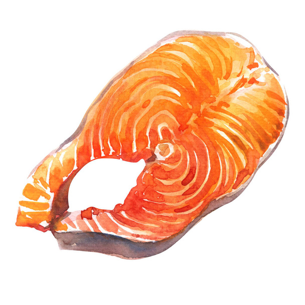 サーモンステーキ、新鮮な生の赤魚のスライス、魚介類。白を基調としたクローズアップ、パッケージデザイン要素、孤立した手描きの水彩イラスト - 写真・画像
