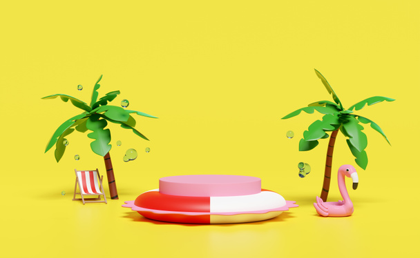 3d sylinteri vaiheessa korokkeella tyhjä kesä ranta, tuoli, puhallettava flamingo, palmu, vesi roiske eristetty keltaisella pohjalla. ostokset kesän myynti käsite, 3d tehdä kuva - Valokuva, kuva