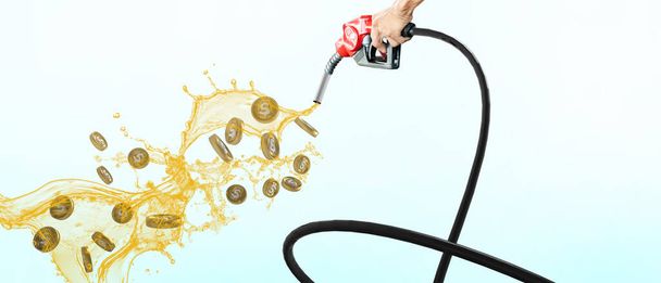 Öljyn hinta nousee Bensiinin ja kullan kolikot virtaa polttoainepumpun suutin Polttoainetalouden autoissa ja jokapäiväisessä elämässä käsite. Energiansäästö, polttoainetalous, Kopioi tilaa, banneri, verkkosivusto -3d Renderöinti - Valokuva, kuva