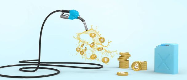 Oil price rising Gasoline and Gold coins flowing from the fuel pump nozzle for Expensive fuel concepts. power, Energy Saving, fuel economy, Copy space, banner, website -3d Rendering - Photo, Image