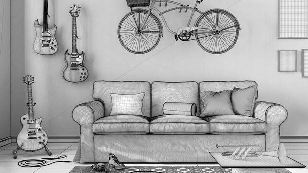 Niedokończony projekt, nowoczesny salon, tapeta w paski, sofa, rower i instrumenty muzyczne wiszące na ścianie, płytki podłogowe, dywan i stół. Nowoczesny wystrój wnętrza - Zdjęcie, obraz