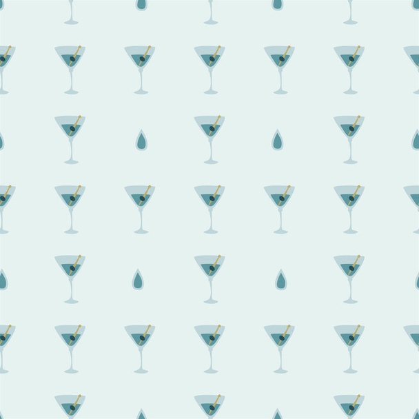 Vidrio Martini con patrón de oliva y pincho sin costuras. Al estilo Doodle. Imagen dibujada a mano a color. Repite la plantilla. Concepto de bebidas para fiestas. Dibujo a mano alzada. Dibujos animados bosquejo gráfico proyecto - Vector, imagen