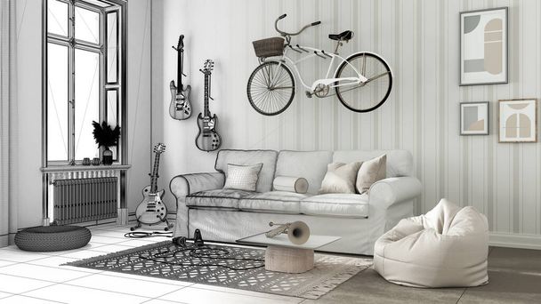 Concepto de diseñador de interiores de arquitecto: proyecto sin terminar dibujar a mano que se convierte en real, sala de estar, sofá, bicicleta e instrumentos musicales, mesa, alfombra y ventana - Foto, Imagen