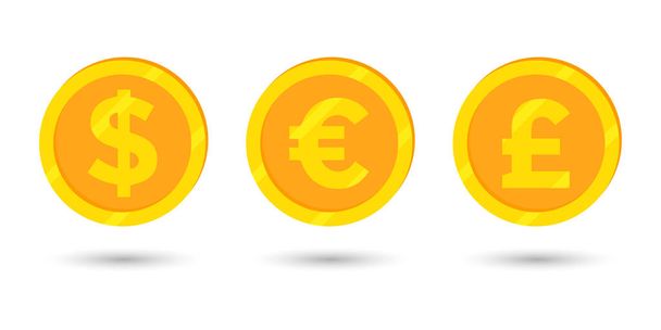 Monedas de oro dólar, euro y libra esterlina. Iconos, concepto financiero, vector - Vector, imagen