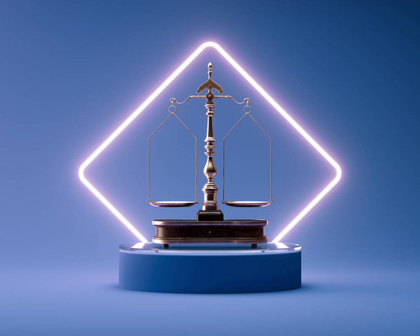 Ornate brass justice scales with a wooden base on a round blue stage lit by a square neon back light  - 3D render - Photo, Image