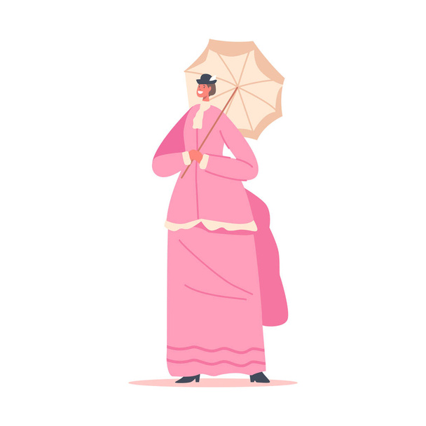 Леди XIX века, викторианская английская или французская женщина в платьях, зонтиках и утепленных на белом фоне. Женская антикварная мода. Вектор карикатурных людей - Вектор,изображение