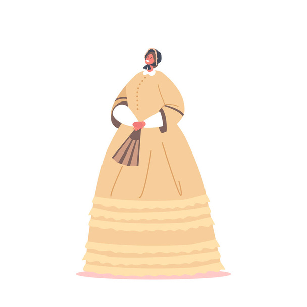 Elegantní dáma nosit ročník šaty a klobouk držící ventilátor v rukou Izolované na bílém pozadí. Viktoriánská angličtina nebo Francouzka 19. století. Ženská evropská móda. Vektorová ilustrace kreslených osob - Vektor, obrázek