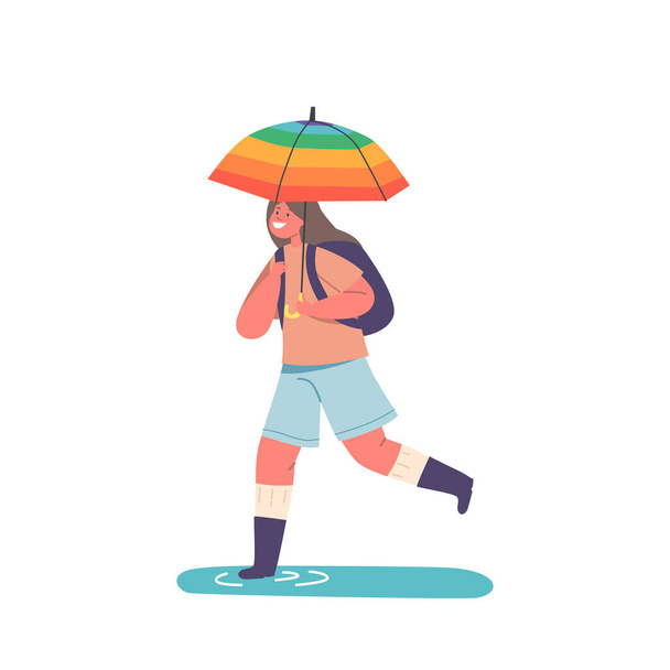 Kid Charakter in Gummistiefeln mit Regenschirm und Rucksack Spaziergang durch Pfützen. Fröhlich lächelndes Kind bei Herbst- oder Frühlingswetter. Glückliches kleines Mädchen geht zur Schule. Cartoon People Vektor Illustration - Vektor, Bild