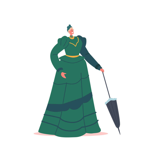 Elegante dame in mooie vintage jurk met paraplu, 19e eeuwse mode, Victoriaanse vrouw dragen lange jurk en hoed, geïsoleerde Europese vrouwelijke karakter Cosplay. Cartoon People Vector Illustratie - Vector, afbeelding