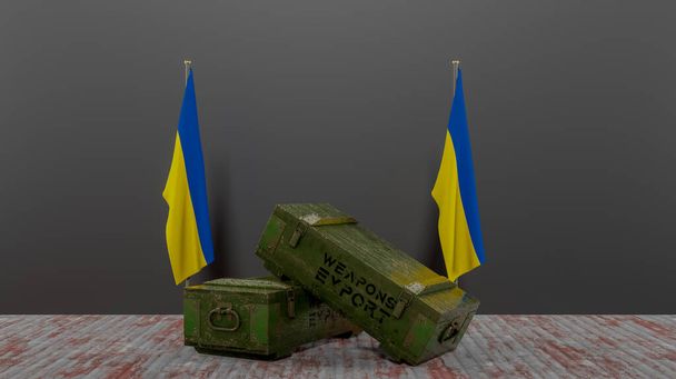 Παράδοση όπλων στην Ουκρανία, πακέτο στρατιωτικής βοήθειας, σημαία Ουκρανίας, 3D έργο και 3D εικόνα - Φωτογραφία, εικόνα