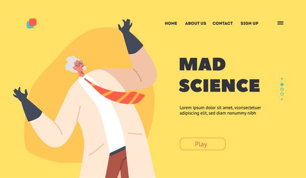Mad Science Landing Page Template Evil Professor Laughing, Crazy Doctor Character in Lab wear and Rubber Gloves with Disheveled Hair Rejoice for Inventory in Laboratory Cartoon Vector Illustration - Вектор, зображення