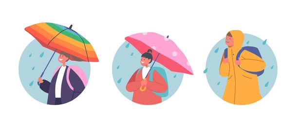 Şemsiye altındaki mutlu çocuklar izole edilmiş yuvarlak simgeler. Sırt çantası Görselleri ile Küçük Erkek ve Kız Karakterleri. Rainy Weather 'daki Okul Çocukları. Sonbahar sezonu, Muson. Çizgi film İnsanları Vektör İllüstrasyonu - Vektör, Görsel