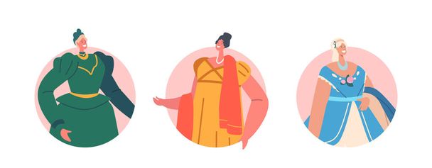 Установить Ladies XIX века Isolated Round Icons или Avatars. Британка Элегант Годфри, феминистские персонажи античной моды, фестиваль косплей викторианской эпохи. Вектор карикатурных людей - Вектор,изображение