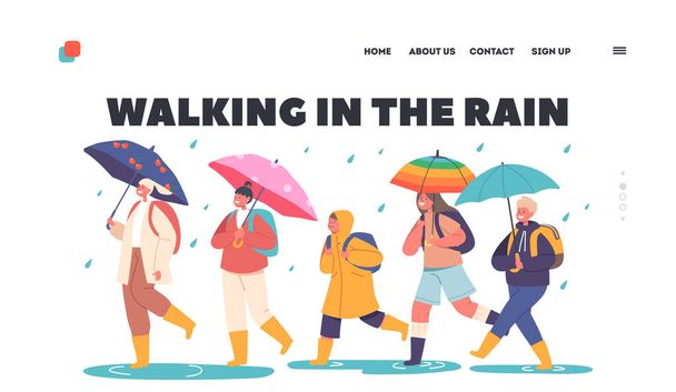 Yağmur İniş Sayfasında Yürüyen Çocuklar Şablonu. Mutlu Çocuklar Şemsiye Altında Yürür, Yağmurlu Hava 'da Sırt Çantası Yürüyüşü' yle Küçük Çocuklar ve Kız Karakterleri. Çizgi film İnsanları Vektör İllüstrasyonu - Vektör, Görsel