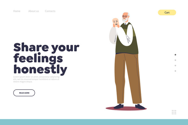 Teilen Sie Gefühle ehrlich Konzept der Landing Page mit älteren unglücklichen Mann mit glücklichen Gesichtsmaske, um Unzufriedenheit, Depression und Traurigkeit zu verbergen. Cartoon-flache Vektorillustration - Vektor, Bild