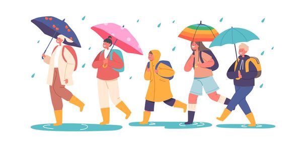 ハッピーキッズバックパック付き暖かい服の傘、小さな男の子と女の子の文字の下を歩く学校への雨の天気で水たまりで歩く。秋の季節、モンスーン。漫画人ベクトルイラスト - ベクター画像