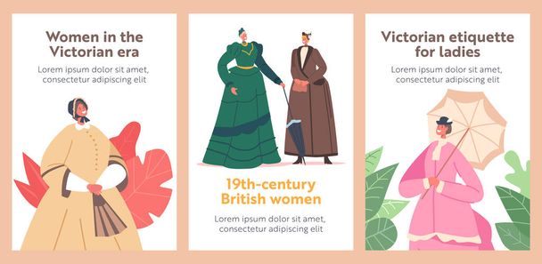 Vrouwen in het Victoriaanse tijdperk Banners. 19e eeuw Europese dames dragen elegante jurken, hoeden en accessoires. Mooie vrouwelijke karakters, Britse etiquette en mode. Cartoon People Vector Posters - Vector, afbeelding