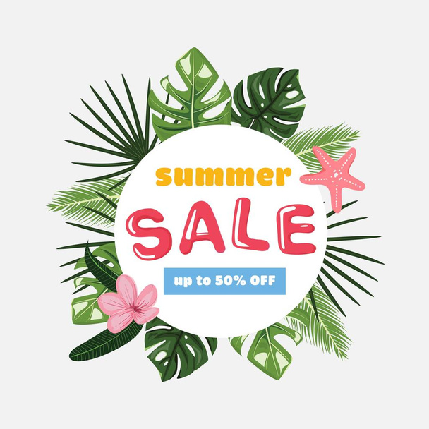 Summer tropical sale square template with tropical leaves on background. Summer sale banner. Discount promotion. - Vektor, kép