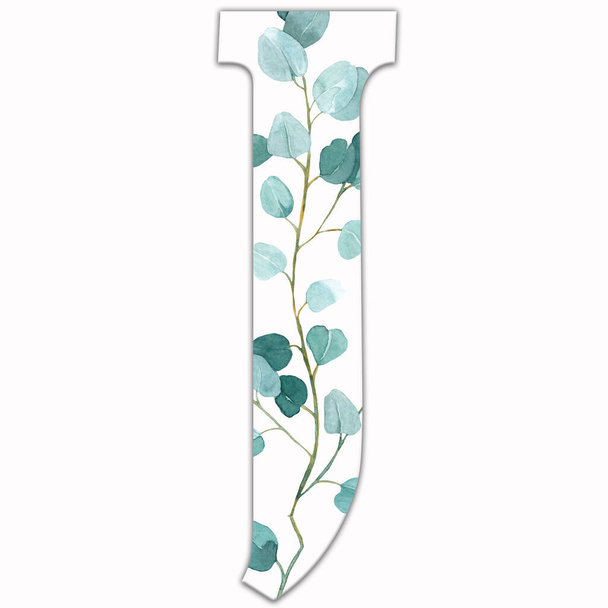 Letra mayúscula J decorada con hojas verdes. Letra del alfabeto inglés con decoración floral. Follaje verde. - Foto, imagen