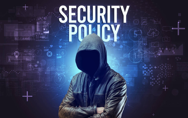 Faceless man with SECURITY POLICY inscription, online security concept - Foto, Imagen
