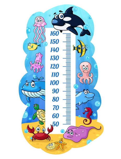 Dětská výšková mapa, kreslená podmořská zvířata, měřič míry růstu. Vektorová centimetrová váha s roztomilou mořskou velrybou, rybami a chobotnicí, medúzami, olihní a krabem nebo mušlí. Nálepka na zeď pro děti - Vektor, obrázek