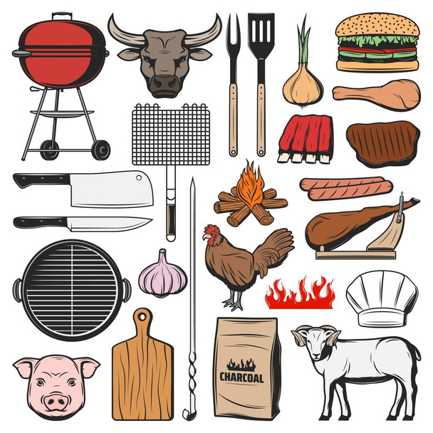 Barbecue icons, grill meat food and picnic burgers, vector BBQ items. Barbecue charcoal fire, beef steak and sausage with jamon, lamb ribs, chicken and cooking spices, barbecue cutlery and chef hat - Vecteur, image