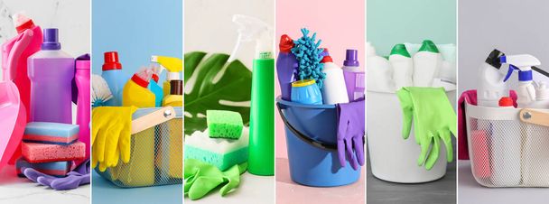 Collage con muchos artículos de limpieza diferentes  - Foto, Imagen