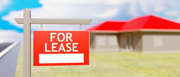 For lease sign, blur house background. Real estate business, residential building offer for rent concept. 3d render - Photo, Image