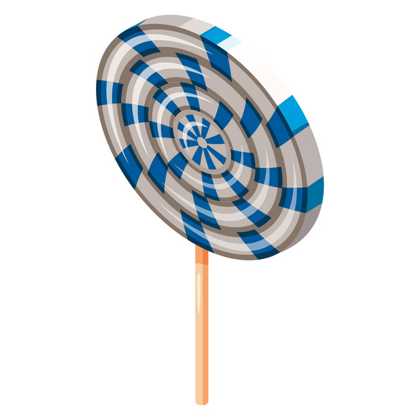 Lollipop Swirl Candy Spiral Isométrico. Dulce espiral rayado caramelo, en palo, vector de dibujos animados estilo ilustración aislado - Vector, Imagen