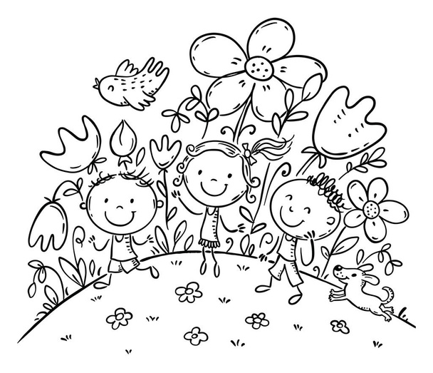 Ручная рисованная векторная иллюстрация детей на цветущем холме - Вектор,изображение