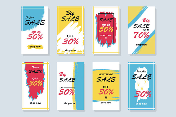 Big Sale template for instagram stories. Mockups design with abstract bright promo banners for making online purchases with discounts prices. Collection layouts for insta story at social network - Vector, Image