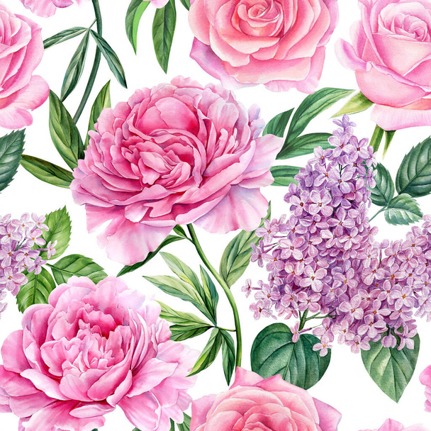 Απρόσκοπτη μοτίβο παιώνιες, τριαντάφυλλα και πασχαλιές, μπουκέτο λουλούδια του καλοκαιριού, ακουαρέλα εικονογράφηση, floral φόντο. Εικόνα υψηλής ποιότητας - Φωτογραφία, εικόνα