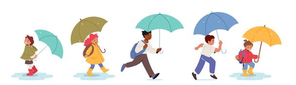 Conjunto de niños felices con paraguas aislados sobre fondo blanco, personajes de niños y niñas que caminan en el clima lluvioso, saltan y corren por charcos en otoño o primavera. Dibujos animados Gente Vector Ilustración - Vector, Imagen