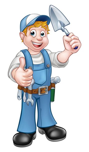 A cartoon bricklayer or builder construction worker holding a masons brick laying trowel hand tool and giving a thumbs up - ベクター画像