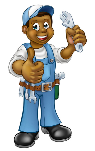 A black plumber or mechanic handyman cartoon character holding a spanner and giving a thumbs up - Vector, afbeelding