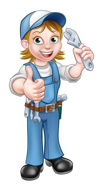 A female woman mechanic or plumber handyman cartoon character holding a spanner and giving a thumbs up - Вектор,изображение