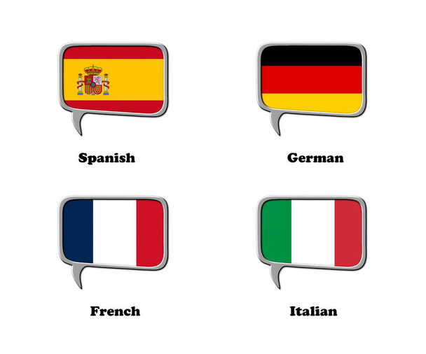 A 3D rendered illustration consisting of 4 square speech bubbles with a country flag and the associated language title below, isolated on a white background. - Foto, afbeelding