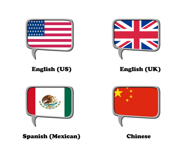 Una ilustración representada en 3D que consta de 4 burbujas de habla cuadrada con una bandera del país y el título de idioma asociado a continuación, aislada sobre un fondo blanco. - Foto, imagen