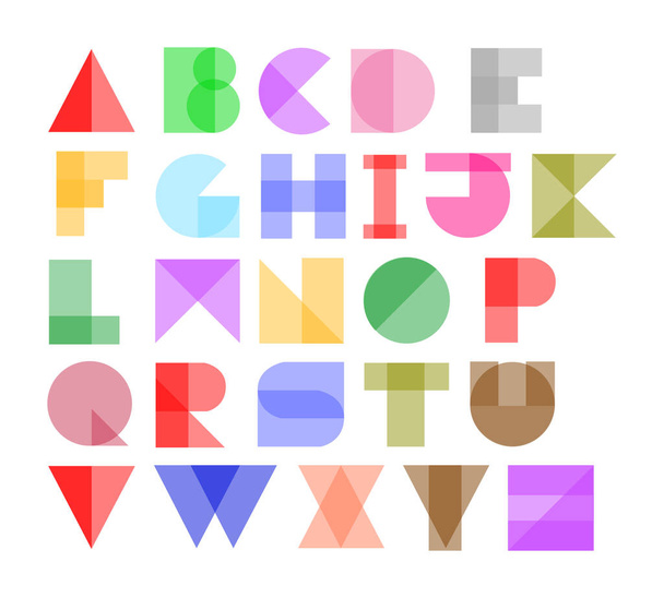 Alfabeto plano multicolor formado por formas geométricas, aislado sobre fondo blanco. - Foto, Imagen