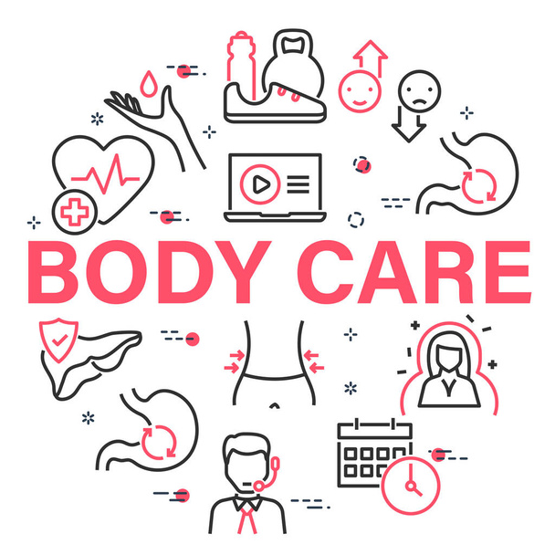 Ilustración vectorial de banner lineal plano con varios iconos de concepto de estilo de vida médico y saludable e inscripción roja Body Care sobre fondo blanco - Vector, imagen