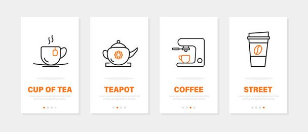 Vektori kuva joukko erilaisia julisteita kuppi teetä teekannu kahvinkeitin ja takeaway juoma kirjoituksia vastaan harmaa tausta - Vektori, kuva
