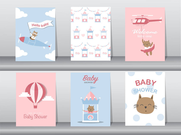 Набор пригласительных открыток для новорожденных, с днем рождения, плакат, шаблон, поздравление, милый, кот, животное, векторные иллюстрации. - Вектор,изображение