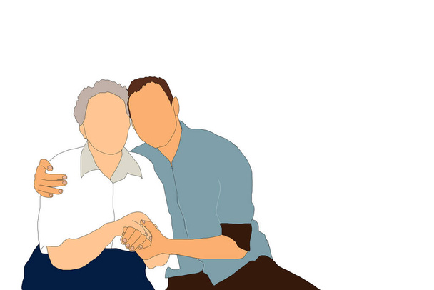 Glücklicher erwachsener Sohn umarmt alte Mutter, die Liebe zueinander empfindet. Porträt eines jungen Mannes, der seine Oma umarmt. Freundliche Familienbeziehung. Cartoon-Illustration auf weißem Hintergrund. - Foto, Bild