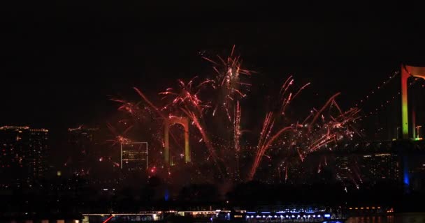 Fuochi d'artificio dietro il cielo buio di notte. Koutou-ku Odaiba Tokyo Giappone - 12.08.2018: È una città situata a Tokyo. macchina fotografica: Canon EOS 5D mark4
 - Filmati, video