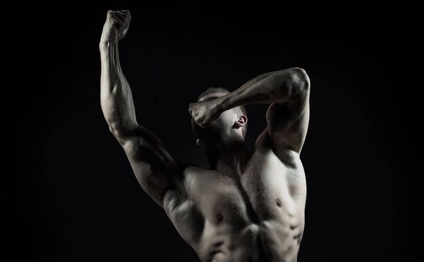 Sexy male model body, nude torso. Sexy naked man, seductive gay. Muscular shirtless man, attractive guy. Athletic man, fitness model - Фото, изображение