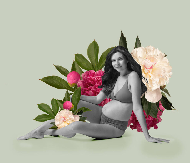 Young happy pregnant woman isolated on light background with floral elements. Contemporary art collage. Concept of family, love, motherhood, emotions. Artwork for family planning center - Valokuva, kuva