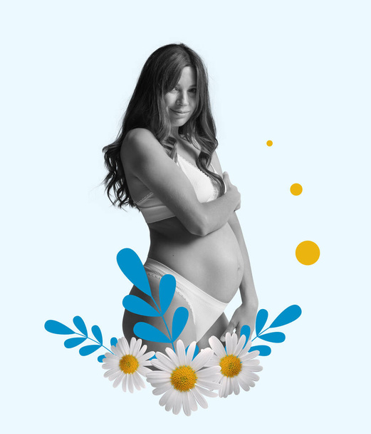 Love, care. Beautiful pregnant woman with long hair isolated on light background. Contemporary art collage. Concept of family, love, motherhood, emotions. Artwork for family planning center - Foto, Imagen