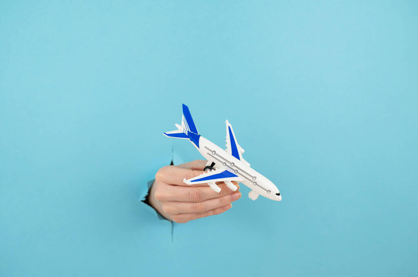A female hand sticking out of a hole from a blue background holds a model of an airplane - Foto, Imagem