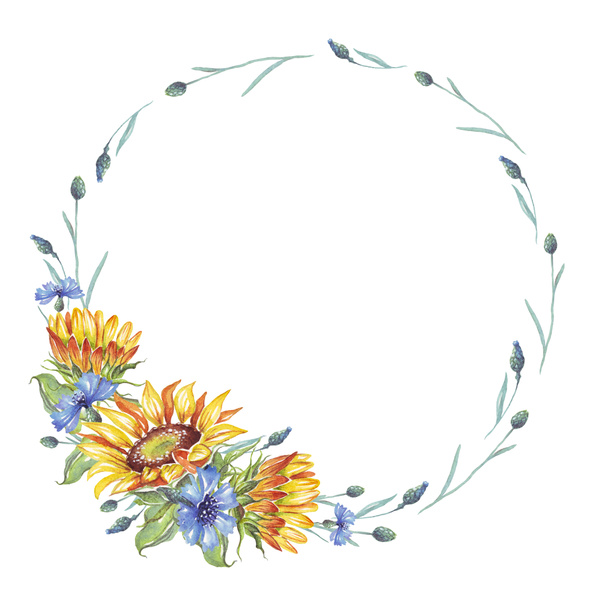 Wreath. Watercolor sunflower and cornflower - Φωτογραφία, εικόνα